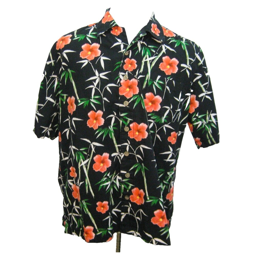 J.G. HOOK Men's (Size Large) Black Hibiscus Hawaiian Aloha Shirt 100% Cotton
